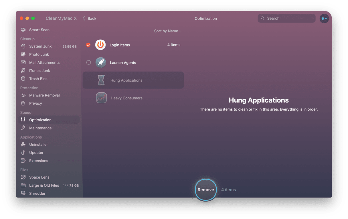 CleanMyMac - Login items menu